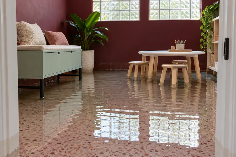 Water Extraction Near Heritage Park — pooled water around submerged furniture feet